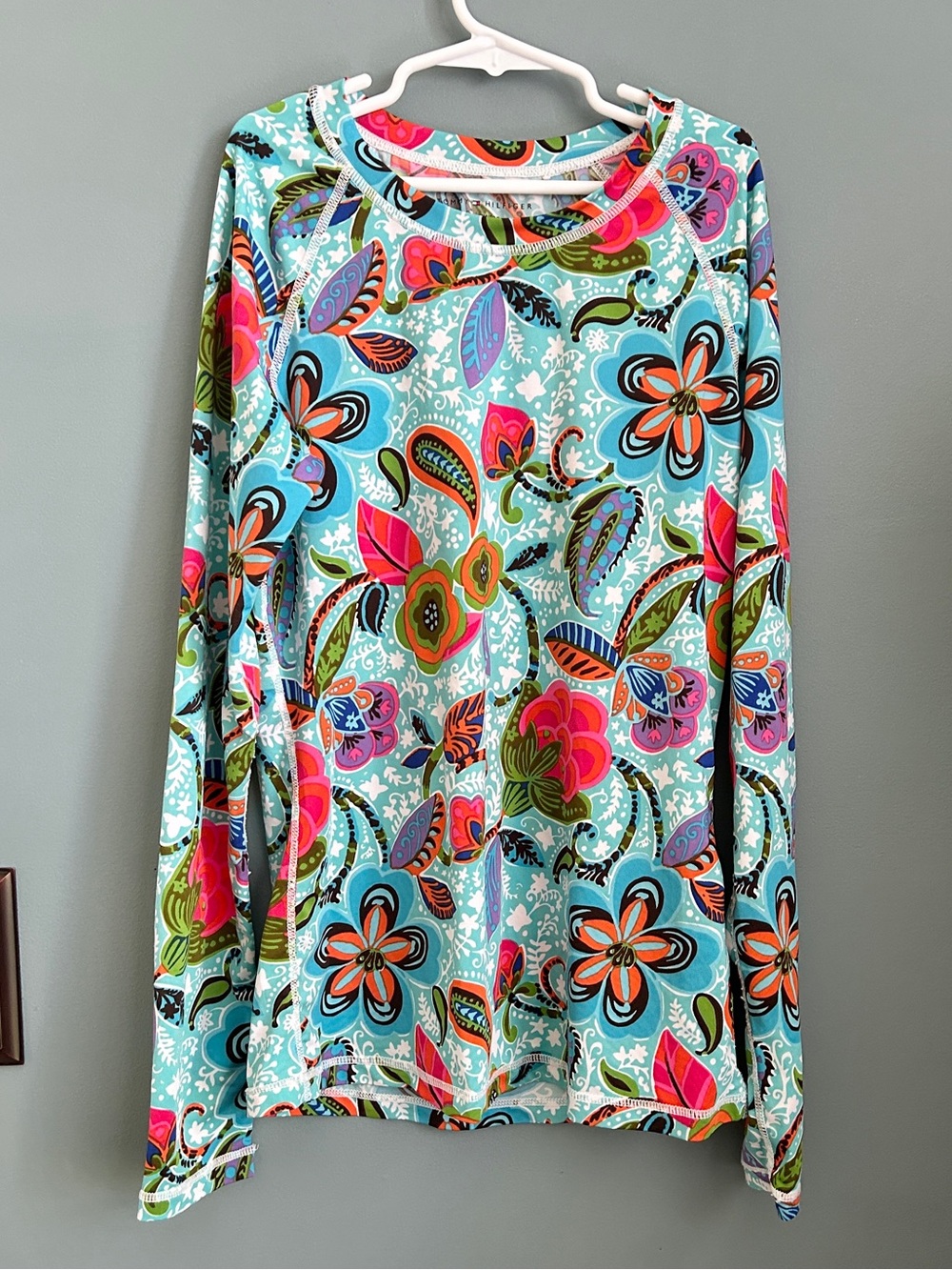 Tommy Hilfiger Turquoise Multi Floral Paisley Long Sleeve Swim Top Size XS